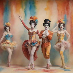 A burlesque scene in vivid Venetian hues, featuring harlequin characters, merging into a background of Ebru dancers. The image has a watercolor drip effect and Trompe-l'œi elements