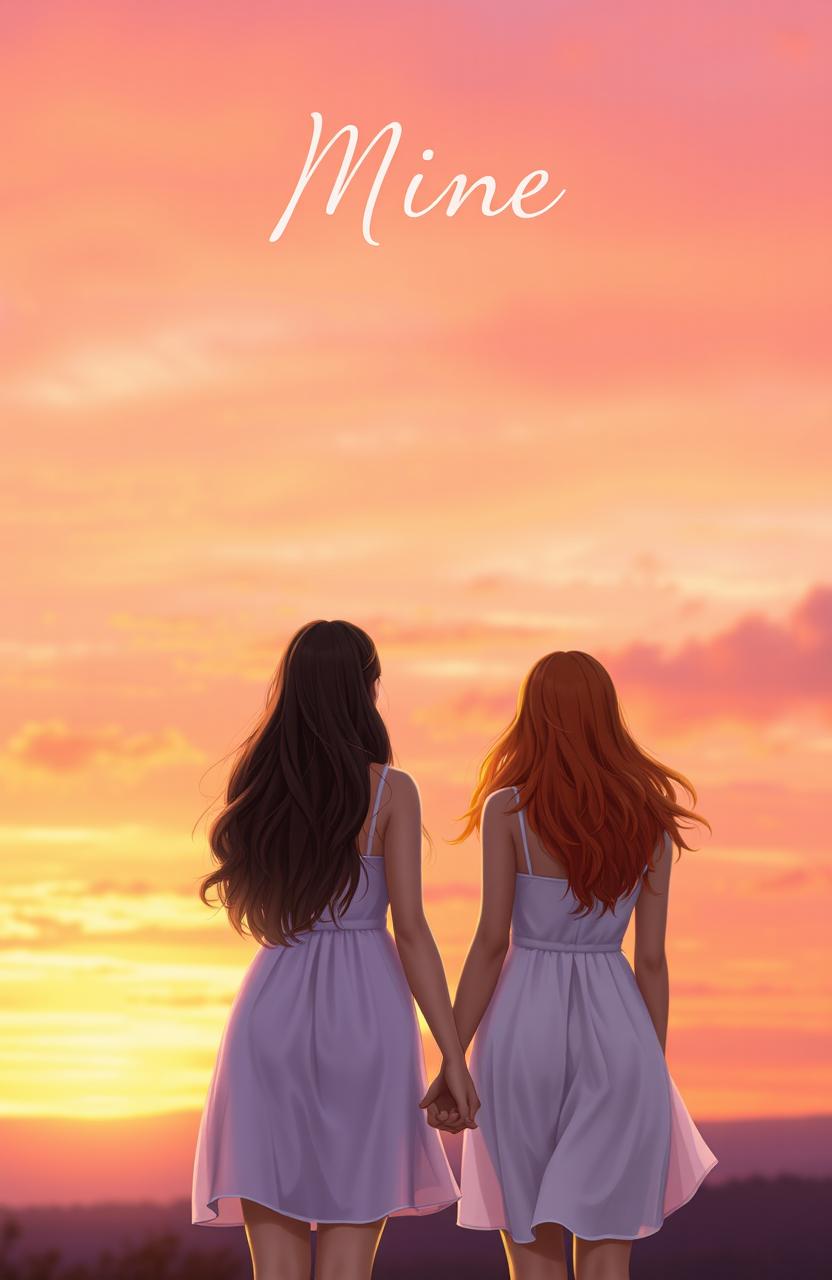 Two young women holding hands, gazing into a breathtaking sunset