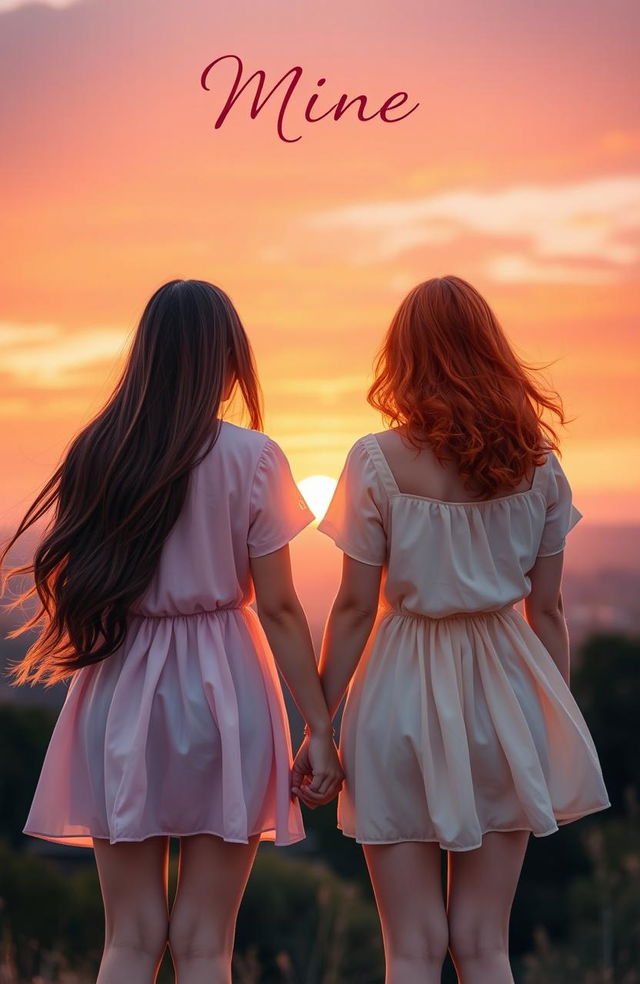 Two young women holding hands, gazing into a breathtaking sunset