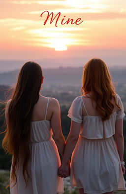 Two young women holding hands, gazing into a breathtaking sunset