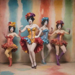 A burlesque scene in vivid Venetian hues, featuring harlequin characters, merging into a background of Ebru dancers. The image has a watercolor drip effect and Trompe-l'œi elements