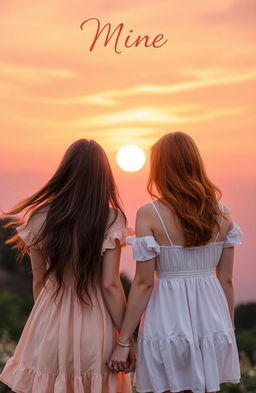 Two young women holding hands, gazing into a breathtaking sunset