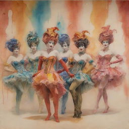 A burlesque scene in vivid Venetian hues, featuring harlequin characters, merging into a background of Ebru dancers. The image has a watercolor drip effect and Trompe-l'œi elements