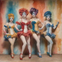 A burlesque scene in vivid Venetian hues, featuring harlequin characters, merging into a background of Ebru dancers. The image has a watercolor drip effect and Trompe-l'œi elements