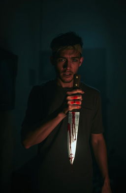 A young man standing in a dimly lit, eerie room, gripping a knife dripping with blood, an expression of horror and regret on his face
