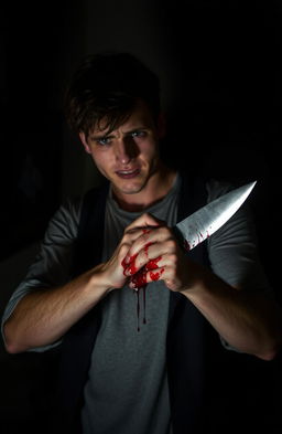 A young man standing in a dimly lit, eerie room, gripping a knife dripping with blood, an expression of horror and regret on his face