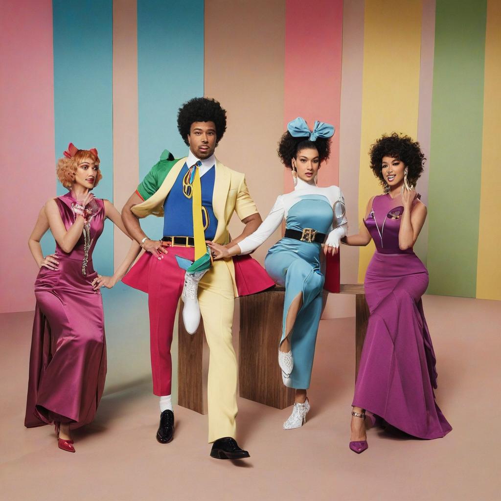 Fashion brand advertisement with five models dressed in colorful outfits against a vibrant backdrop.