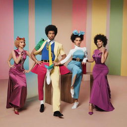 Fashion brand advertisement with five models dressed in colorful outfits against a vibrant backdrop.