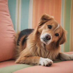 dog sitting on pink chair with brown and white coat, black nose, white paw, and black tail, looking at camera