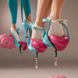 High heeled shoes with pink and blue color scheme, glossy finish, jewels, and a small pink bow, floating in the air.