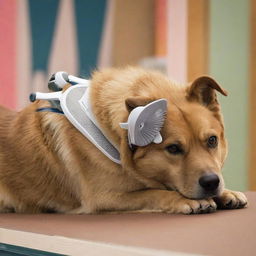 Dog wearing white hearing aid, relaxed on table with smooth surface, colorful indoor background with blurred effect.