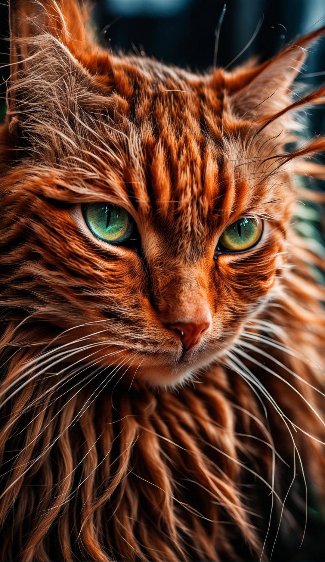 Close-up shot of a ginger long-haired cat with vibrant green eyes, taken with a Panasonic Lumix S1R and Sigma 105mm f/2.8 lens.