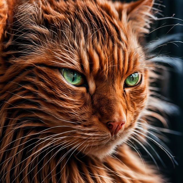 Close-up pet photograph of a ginger long-haired cat with fine detailed fur, taken with a Panasonic Lumix S1R and Sigma 105mm f/2.8 lens.