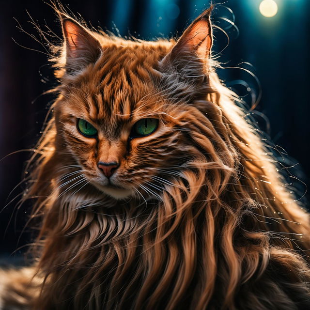 Close-up shot of a ginger long-haired cat under moonlight, taken with Panasonic Lumix S1R and Sigma 105mm f/2.8 lens.