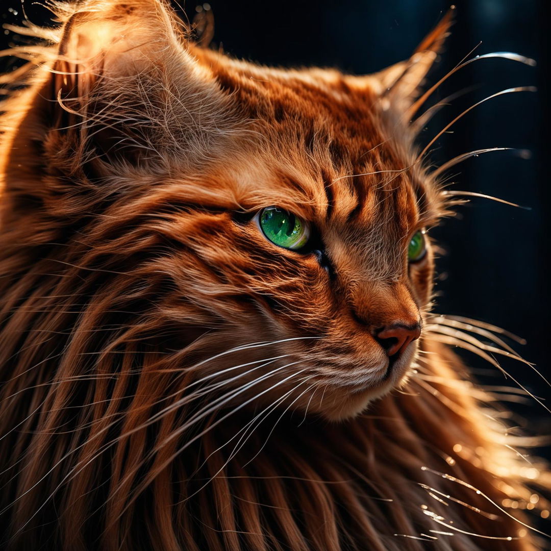 Close-up photograph of a ginger long-haired cat under moonlight, taken with Panasonic Lumix S1R and Sigma 105mm f/2.8 lens.