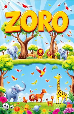 A whimsical and colorful book cover for a children's book, featuring a vibrant zoo setting filled with various animals such as elephants, lions, giraffes, and cheerful birds soaring in a bright blue sky