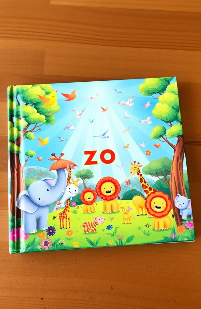 A whimsical and colorful book cover for a children's book, featuring a vibrant zoo setting filled with various animals such as elephants, lions, giraffes, and cheerful birds soaring in a bright blue sky