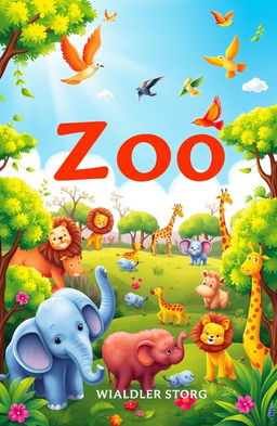 A whimsical and colorful book cover for a children's book, featuring a vibrant zoo setting filled with various animals such as elephants, lions, giraffes, and cheerful birds soaring in a bright blue sky
