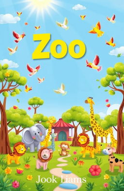 A whimsical and colorful book cover for a children's book, featuring a vibrant zoo setting filled with various animals such as elephants, lions, giraffes, and cheerful birds soaring in a bright blue sky