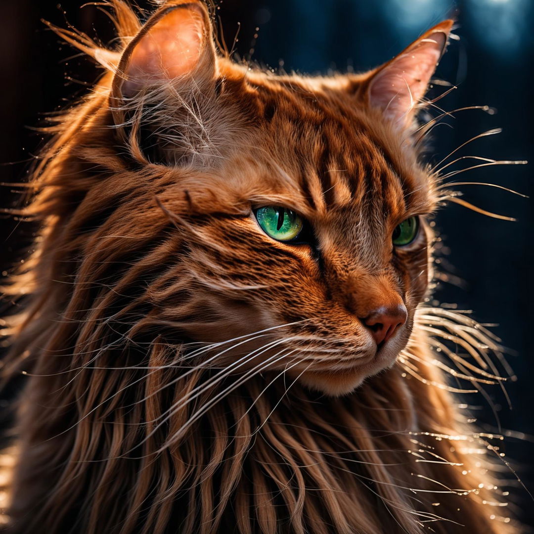 Pet portrait of a ginger long-haired cat in close-up under moonlight, taken with Panasonic Lumix S1R and Sigma 105mm f/2.8 lens.