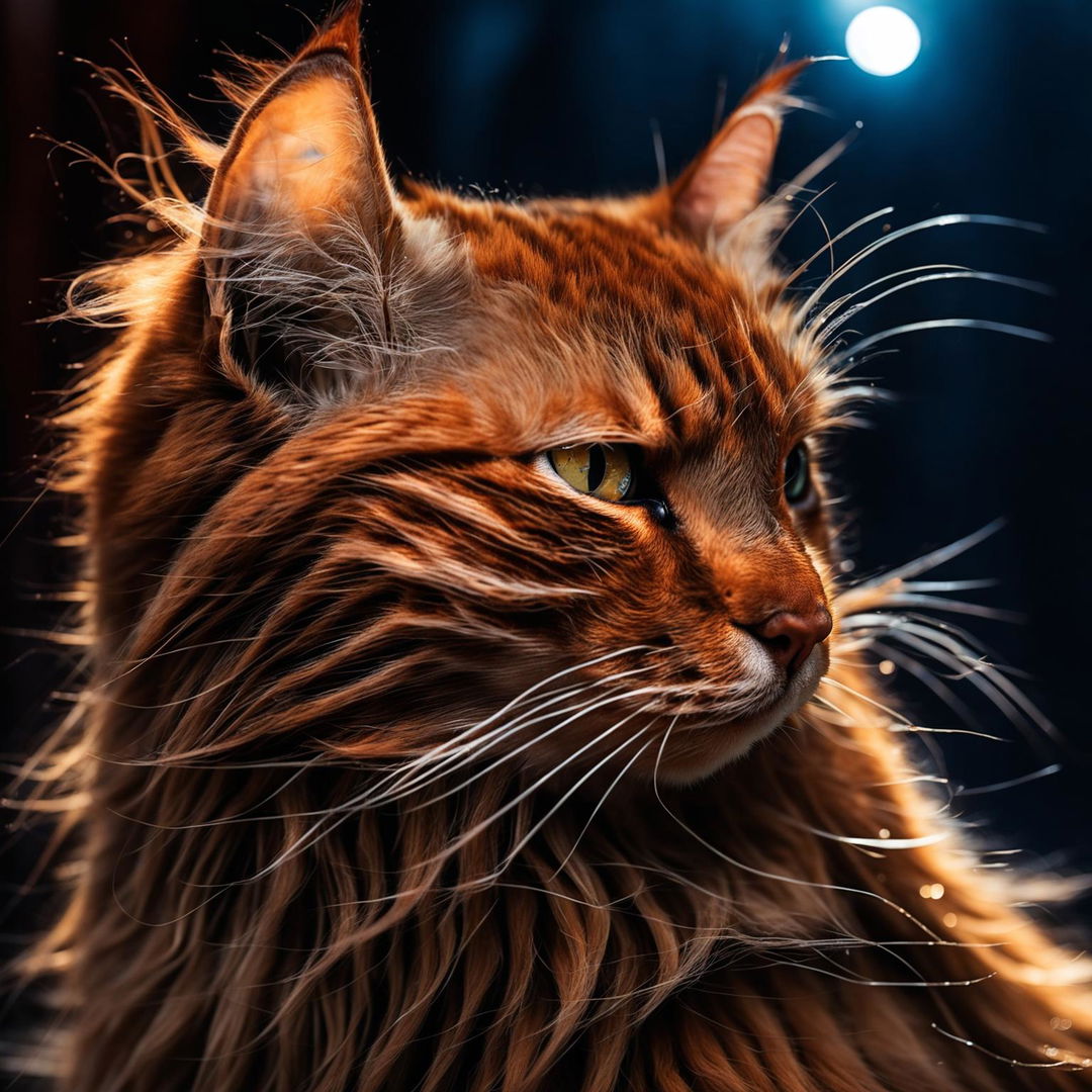 Pet portrait of a ginger long-haired cat with real cat eyes in close-up under moonlight, taken with Panasonic Lumix S1R and Sigma 105mm f/2.8 lens.