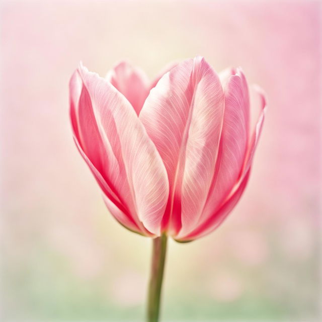 Vintage-style photograph of a single pastel pink tulip shot with a 200mm lens at 32k resolution.