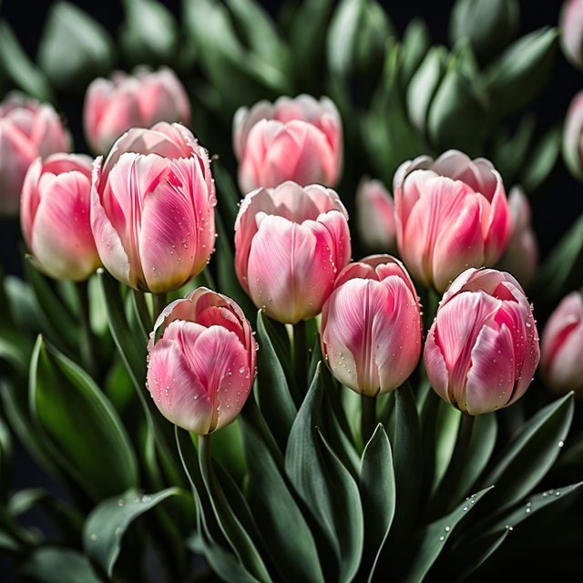 High-resolution photograph of a bouquet of pastel pink tulips shot with a 200mm lens.