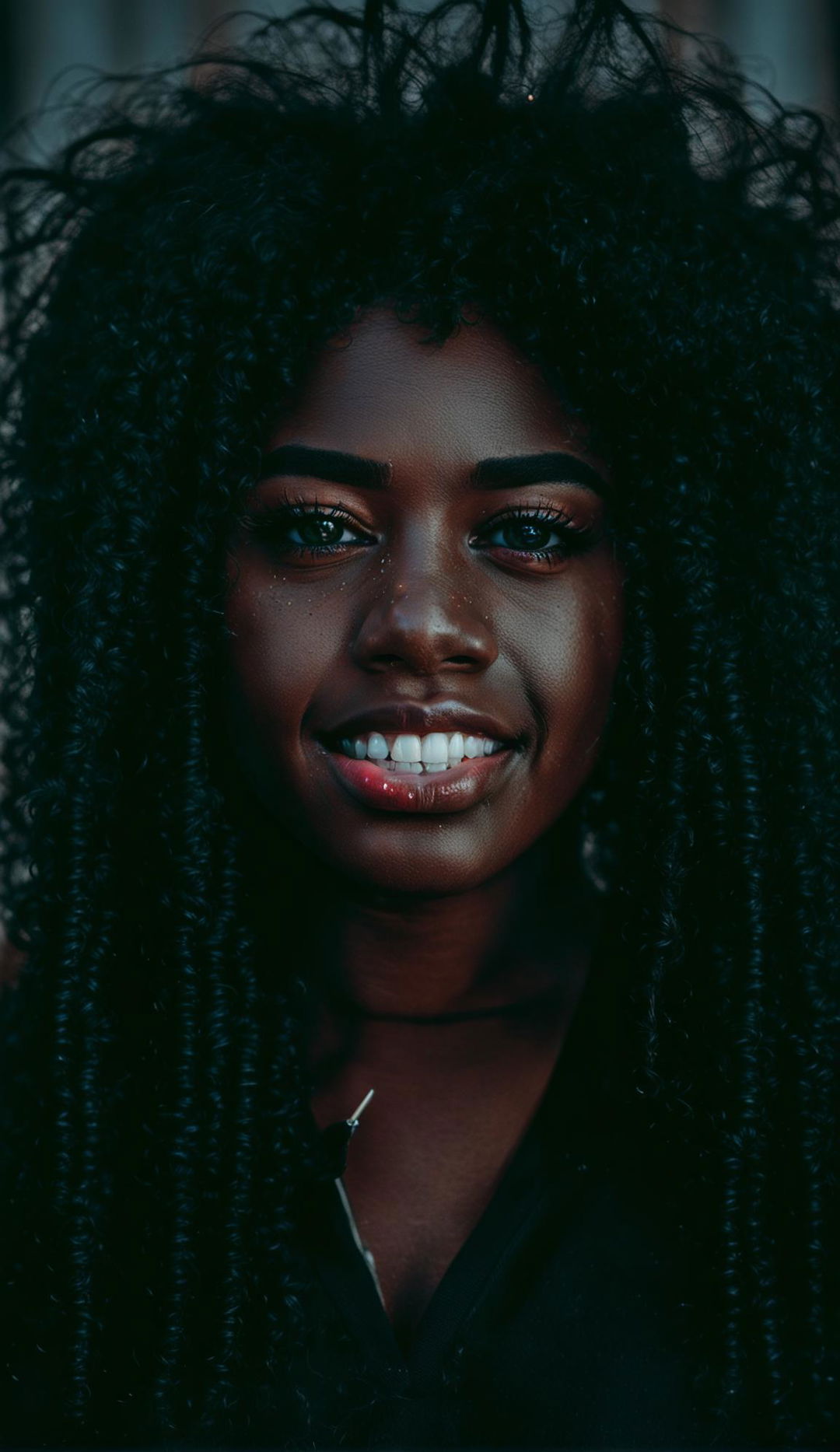 Portrait of a 21-year-old black woman with glowing ebony skin, expressive eyes, and natural curls. Captured with Panasonic Lumix S1R and Sigma 105mm f/2.8 DG DN Macro Art Lens.