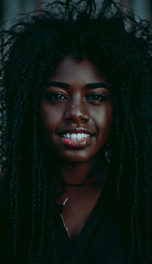 Portrait of a 21-year-old black woman with glowing ebony skin, expressive eyes, and natural curls. Captured with Panasonic Lumix S1R and Sigma 105mm f/2.8 DG DN Macro Art Lens.