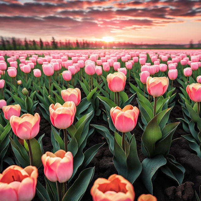 National Geographic-style photograph of a field of pastel pink tulips.