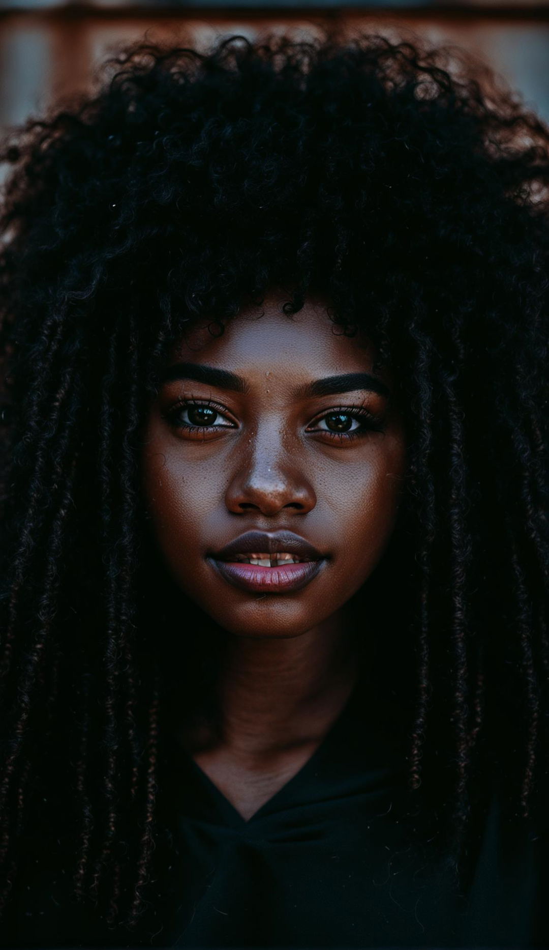 Portrait of a 21-year-old black woman with radiant ebony skin, expressive eyes, and natural curls. Captured with Panasonic Lumix S1R and Sigma 105mm f/2.8 lens.