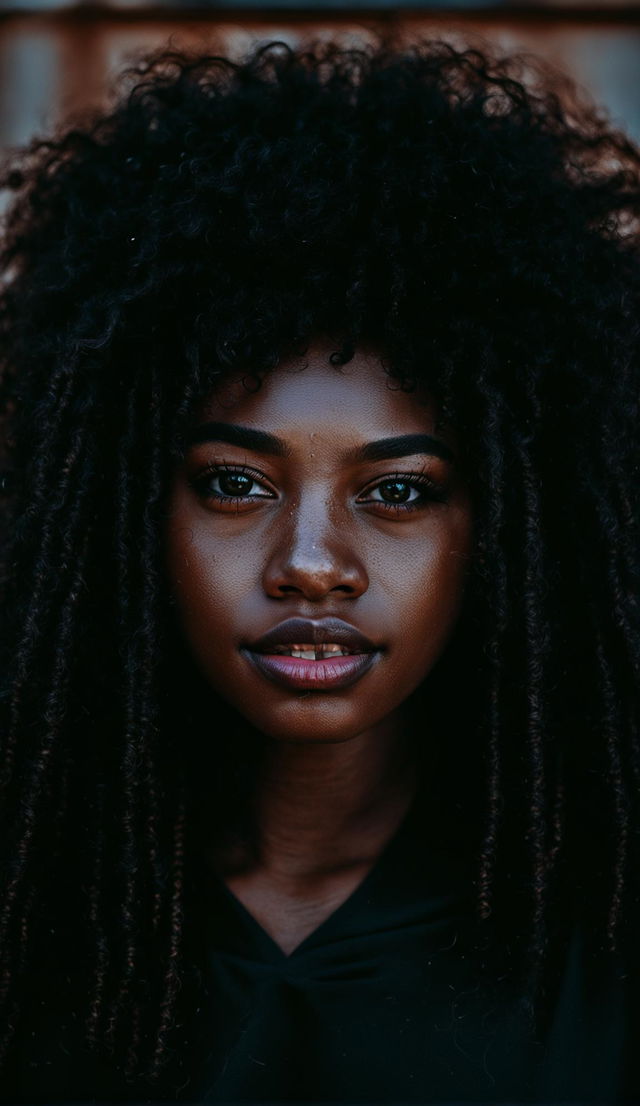 Portrait of a 21-year-old black woman with radiant ebony skin, expressive eyes, and natural curls. Captured with Panasonic Lumix S1R and Sigma 105mm f/2.8 lens.