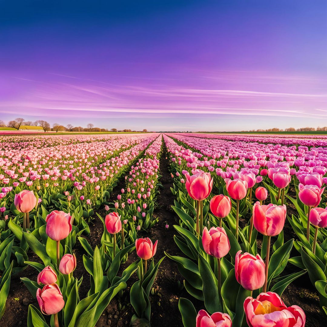 Photograph of a vast field filled with blooming pink tulips.