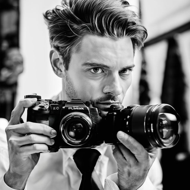 Black and white photograph of a handsome man holding a Panasonic Lumix S1R camera with a Sigma 105mm f/2.8 lens.