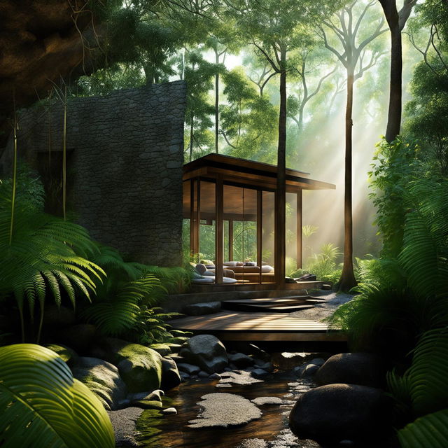 A Japandi-style eco-friendly cabin in a lush jungle, with dramatic sunlight rays and reflections of the surrounding trees on the cabin's glass surfaces.