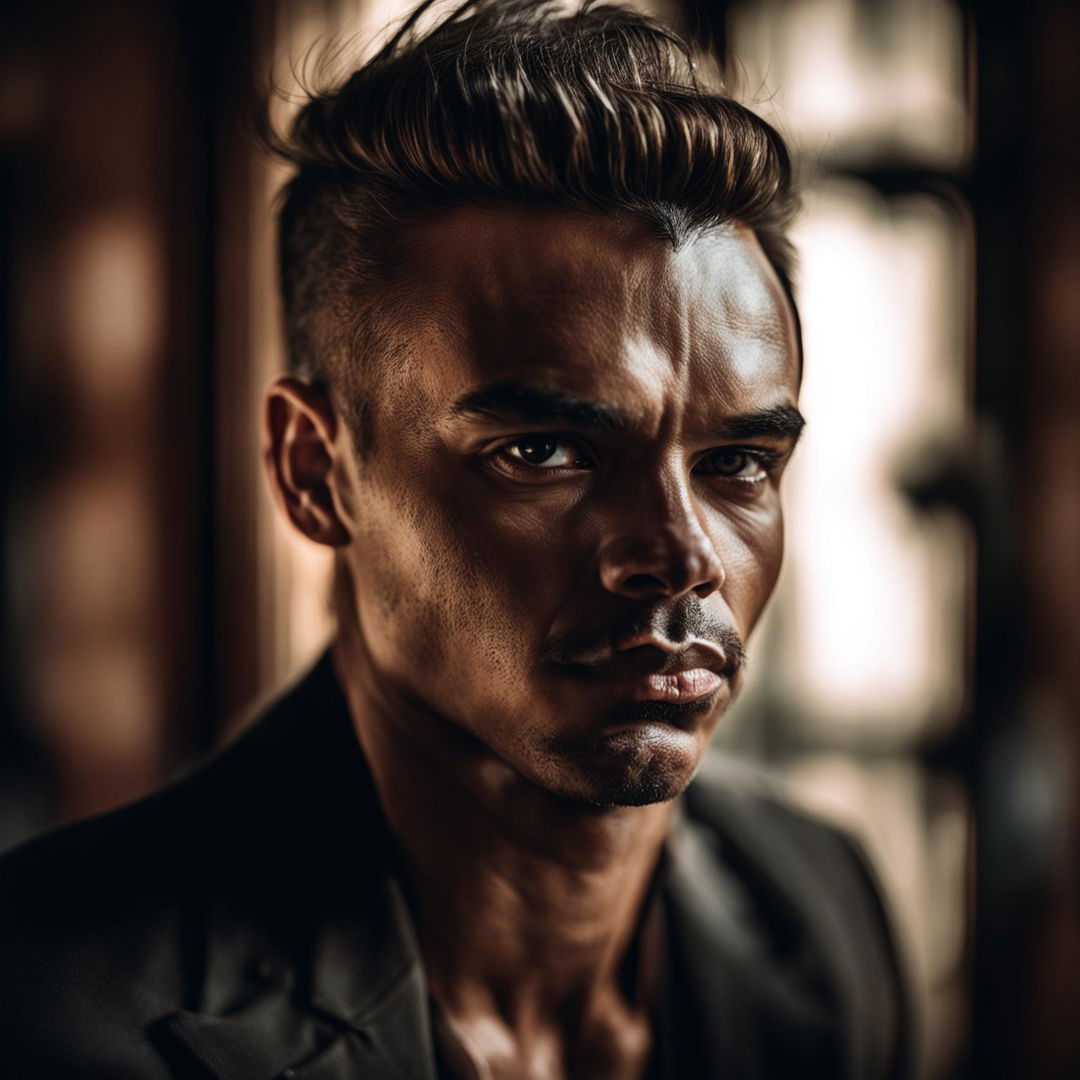 Portrait photograph of a handsome man with sharp features, taken with a Panasonic Lumix S1R and Sigma 105mm f/2.8 lens. The image has a warm color palette and a blurred background.