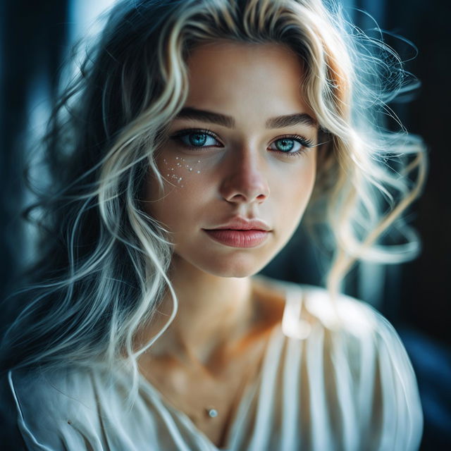 21-year-old girl with beautiful white hair in a portrait photograph taken with Panasonic Lumix S1R and Sigma 105mm f/2.8 lens.