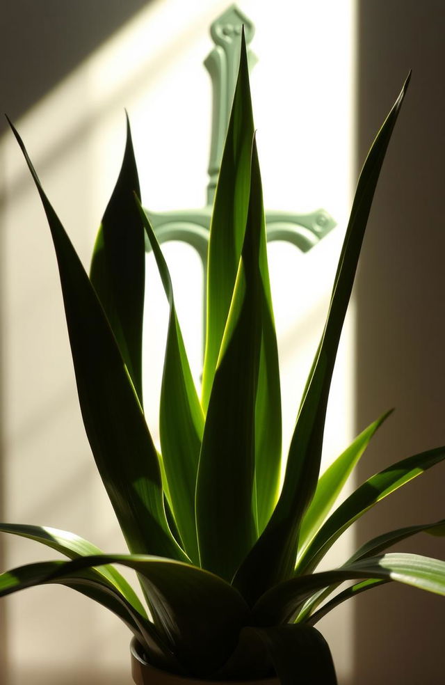 A beautifully composed arrangement of a Sansevieria plant also known as the Snake Plant, with its tall, upright leaves casting distinct shadows