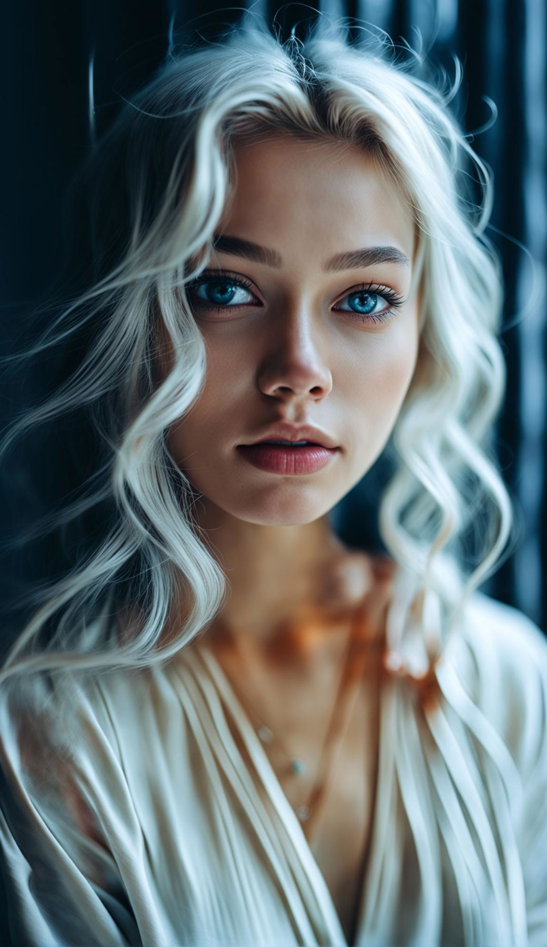 Portrait photograph of a 21-year-old girl with stunning white hair taken with a Panasonic Lumix S1R and Sigma 105mm f/2.8 lens.