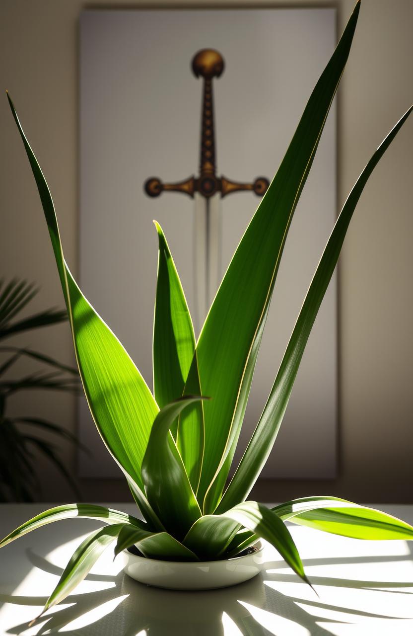 A beautifully composed arrangement of a Sansevieria plant also known as the Snake Plant, with its tall, upright leaves casting distinct shadows