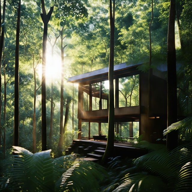 A Japandi style eco-friendly cabin made of natural timber and reflective glass stands in a lush jungle. Sunlight streams through the canopy onto the cabin, captured with a professional camera set to aperture priority mode, f/8, ISO 200.