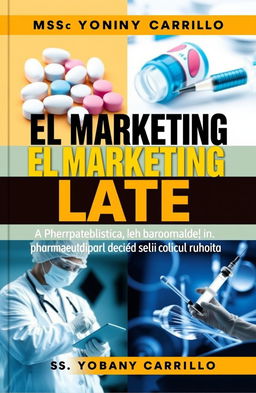 A book cover design for 'El Marketing Late' by Msc Yobanny Carrillo, focused on pharmaceutical and medical marketing