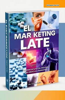 A book cover design for 'El Marketing Late' by Msc Yobanny Carrillo, focused on pharmaceutical and medical marketing