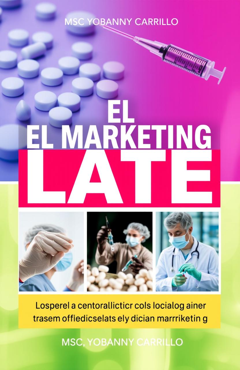 A book cover design for 'El Marketing Late' by Msc Yobanny Carrillo, focused on pharmaceutical and medical marketing