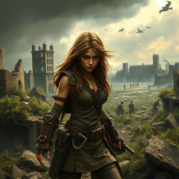 A dramatic scene depicting Seraphina in a post-apocalyptic world, surrounded by ruins of a devastated city