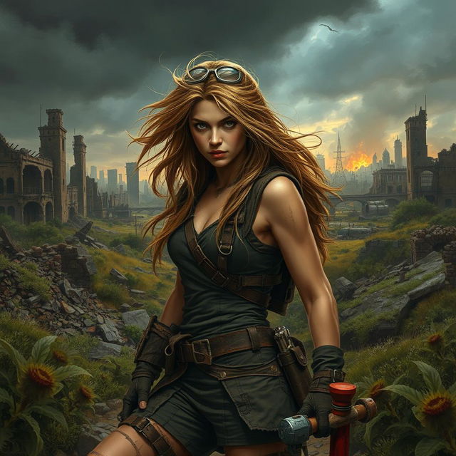 A dramatic scene depicting Seraphina in a post-apocalyptic world, surrounded by ruins of a devastated city