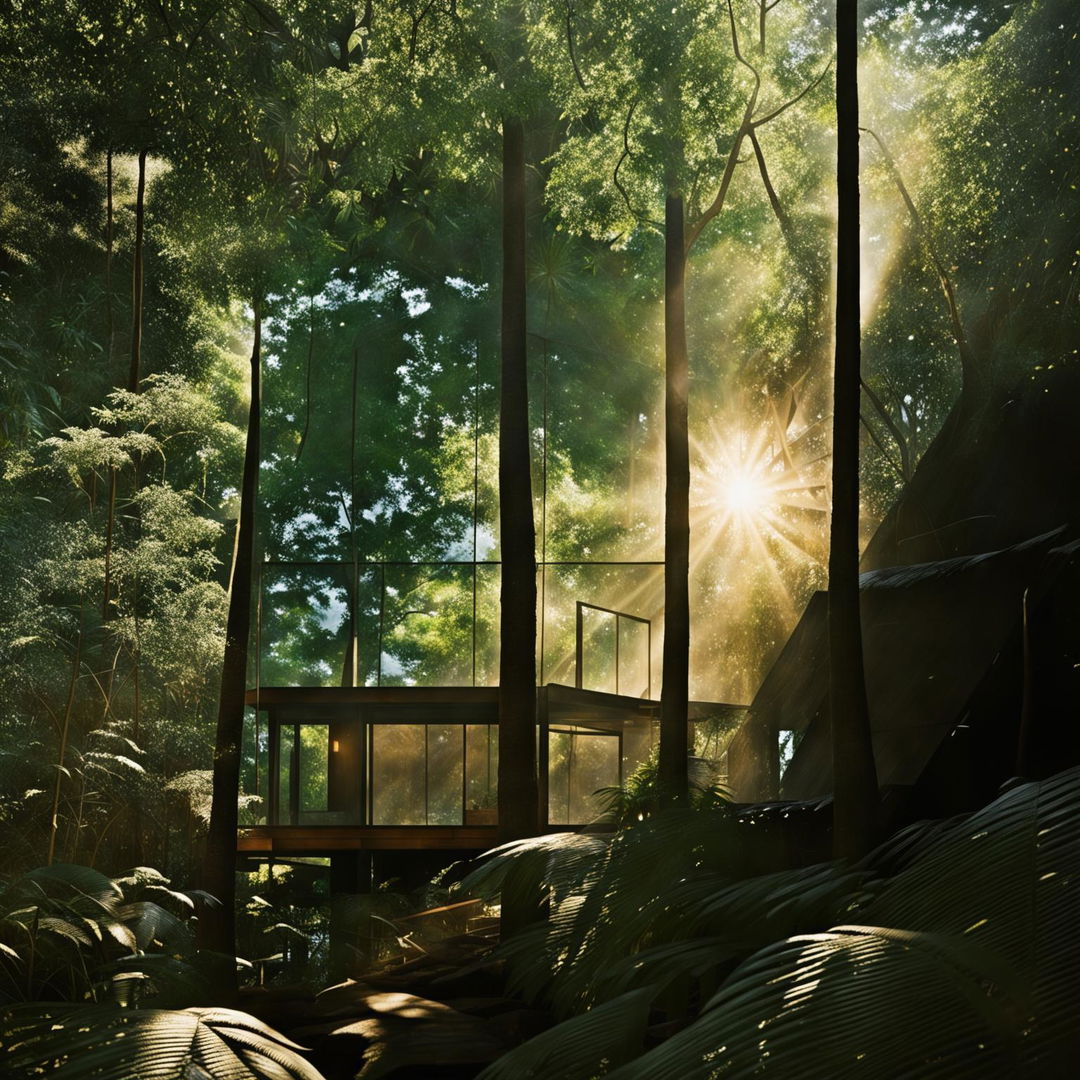 A Japandi style eco-friendly cabin made from natural timber and reflective glass is nestled in a lush jungle. Sunlight filters through the canopy onto the cabin, captured with a professional camera set to aperture priority mode, f/8, ISO 200.