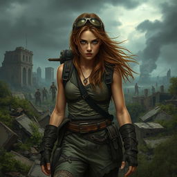 A dramatic scene depicting Seraphina in a post-apocalyptic world, surrounded by ruins of a devastated city