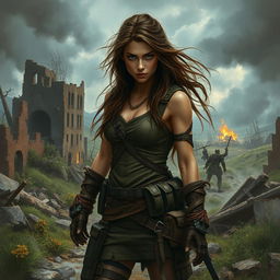 A dramatic scene depicting Seraphina in a post-apocalyptic world, surrounded by ruins of a devastated city