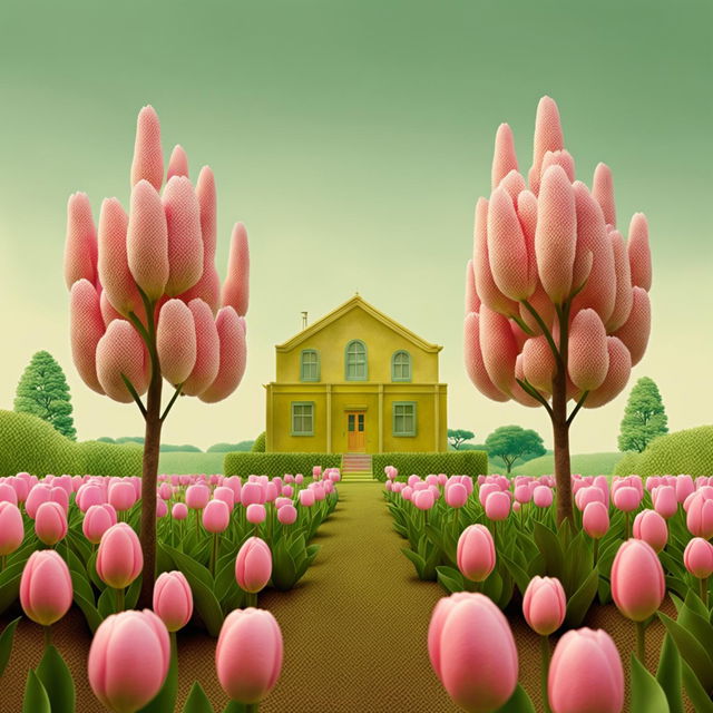 Wes Anderson-inspired digital art featuring vibrant pink tulips against a backdrop of pastel hues, framed by two tall trees and featuring a quaint house in the distance.